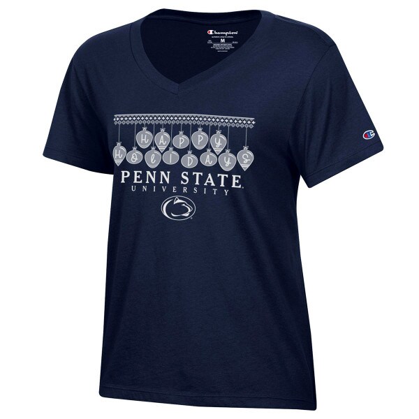 women's navy v-neck short sleeve t-shirt with Happy Holidays, Penn State University, and Athletic Logo